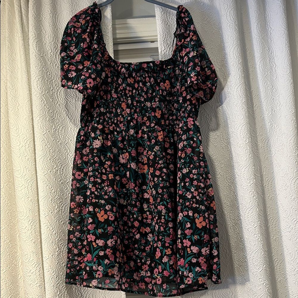 BCBG Paris Black Floral Dress with Flutter Sleeves